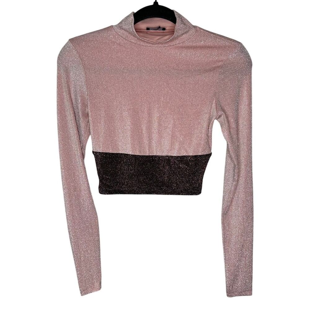 Naked Wardrobe NWOT Sparkle Colorblock Mock Neck Crop Top Pink Brown L Large